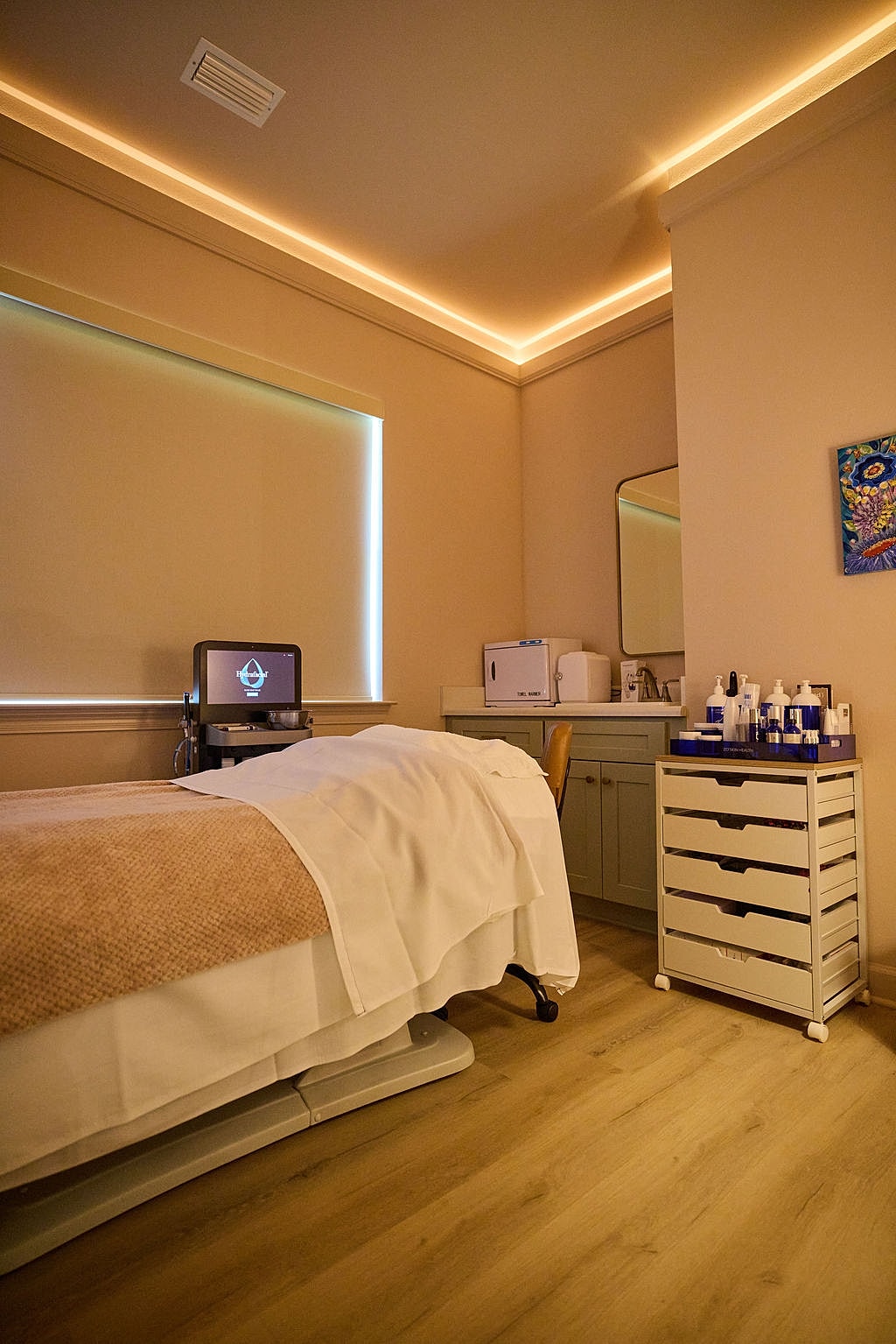 Spa treatment room with equipment and calming decor.