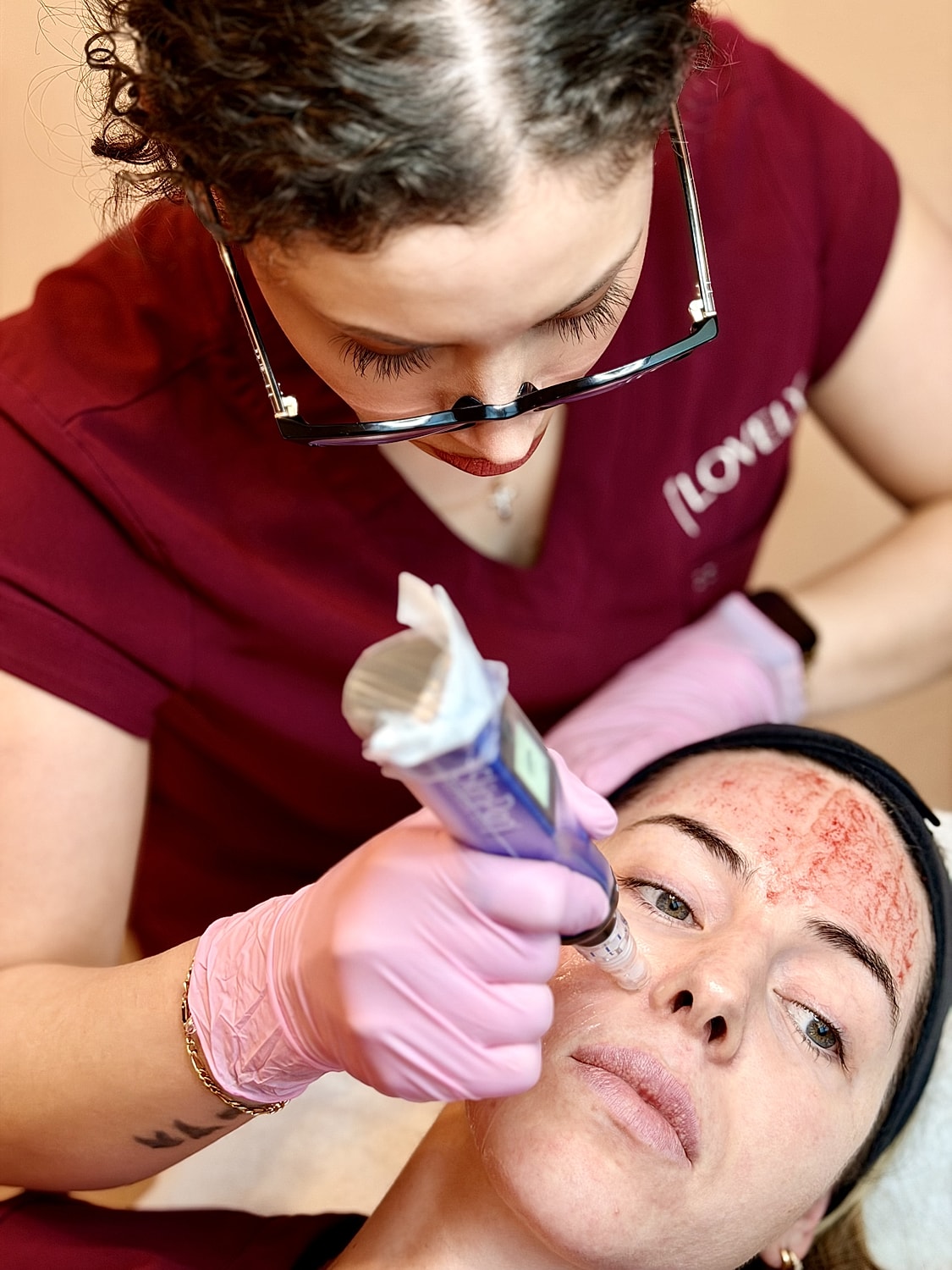 Skin treatment procedure in a professional setting.